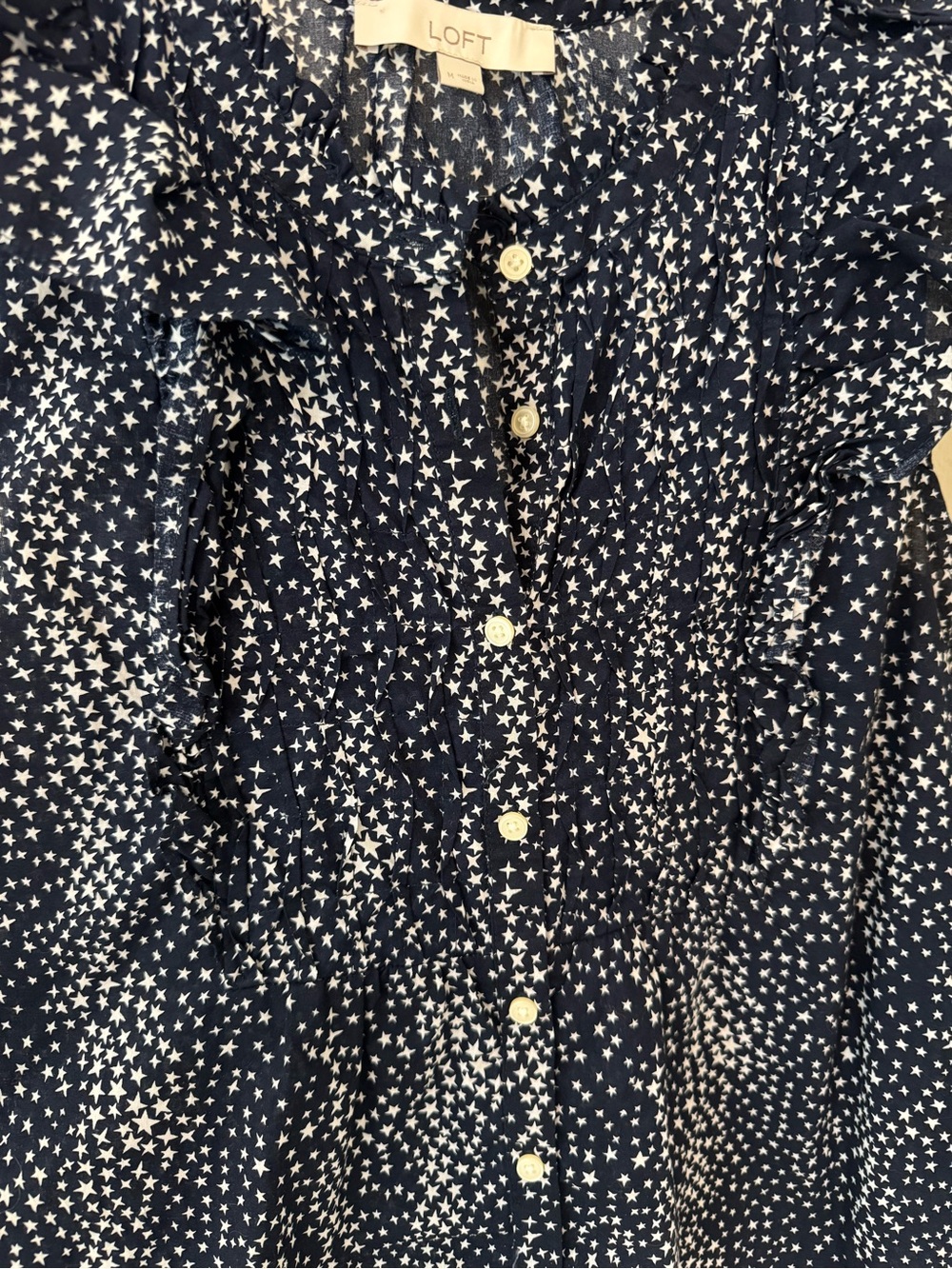 LOFT Navy and White Star-Print Ruffle Button-up Sleeveless Blouse - Picture 8 of 8
